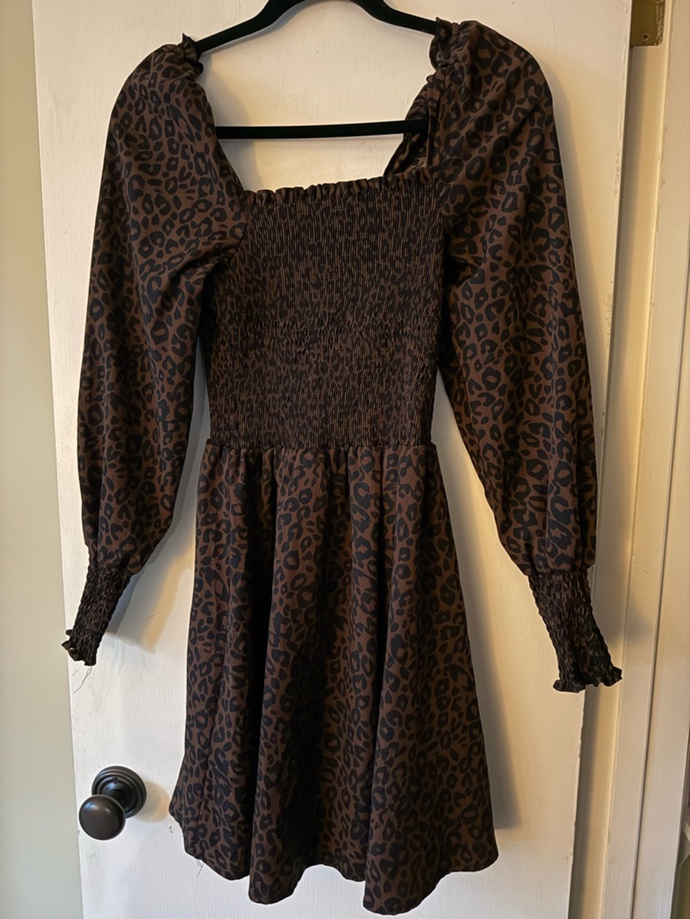 BP Nordstrom Y2K 90s Aesthetic Brown Leopard Smocked Balloon Sleeve Mini Dress